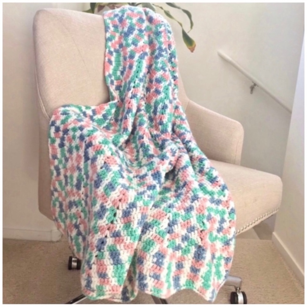 Vintage Afghan Crochet Throw Blanket Green Pink Blue White